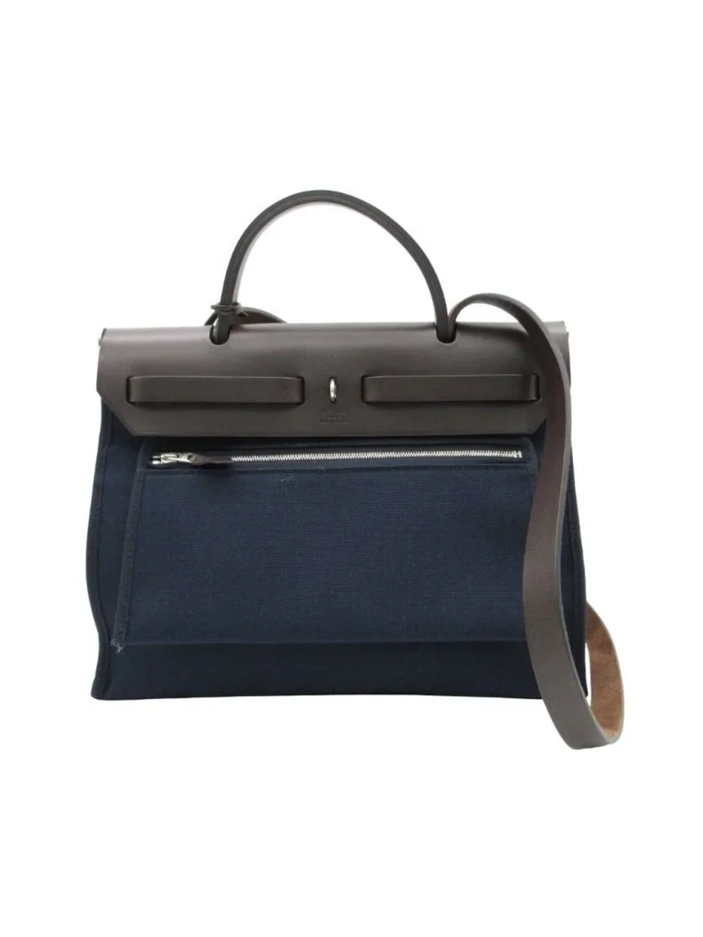 Hermes Handbag Herbag Zip PM Pouch Toile Military Leather Navy